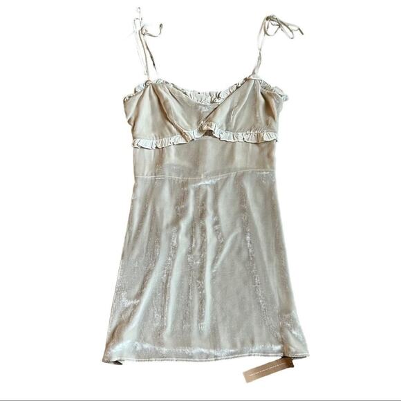 Reformation Bev Almond White Scalloped Bust Keyhole Tie Strap Velvet Mini Dress - Picture 9 of 10